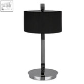 Leyna black and chrome table lamp with black fabric shade and chromed metal stand with polished reflective finish