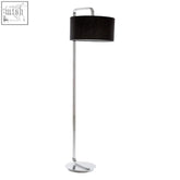 Leyna floor lamp with a black textured cylindrical lampshade and a sleek chrome metal plate base floor lamp design