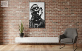 Black-and-white framed artwork of a man in scuba gear with a textured matte surface in a handmade wooden frame by harry hough