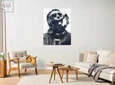 Black-and-white pencil drawing of a man in scuba gear by harry hough with wall fitting strip on liam aluminium art panel