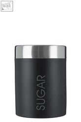 Liberty black enamel sugar canister with black matte finish and polished stainless steel silver lid embossed sugar text