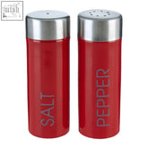 Liberty red enamel salt and pepper set featuring red enamel salt and satin stainless steel tops in a shaker design