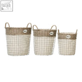 Set of three round laundry baskets featuring woven wicker with wire mesh sides and natural handles for easy storage