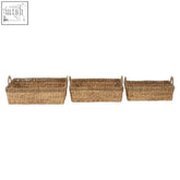 Set of three rectangular natural seagrass storage baskets with handles made from sustainable water hyacinth