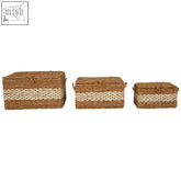 Lidi set of three handwoven rectangular seagrass baskets with lids in twisted white and natural stripes