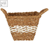 Lidi tapered rectangular storage basket made of natural brown seagrass with white wicker band and sturdy handles