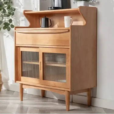 Light wood finish h11 elvis rattan coffee station cabinet with glass doors and curved top shelf in oak