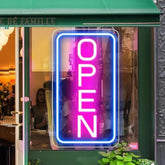 LightingWill LED neon open sign with vibrant pink and blue gradient in clear glass for business windows