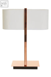 Copper finish table lamp with sleek minimalist design featuring oval white shade and rectangular base for modern decor