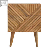 Lille 2-drawer oak-ish bedside table with geometric diagonal slats and tapered legs made of solid mango wood
