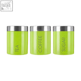 Set of three lime green enamel canisters with silver lids labeled tea coffee and sugar for kitchen storage
