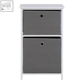 White-framed lindo cabinet with two grey fabric drawers and metal pull handles for stylish storage