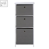 Lindo 3 grey fabric drawers cabinet with white frame and slim line design featuring grey fabric drawers and black pulls