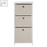 White-framed lindo 3 natural fabric drawers cabinet with beige fabric drawers and round black knobs for deep storage