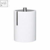 Linea white cotton bud holder with white cylindrical body and sleek silver metal lid featuring vertical accent strip