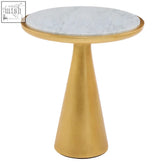 Lino small gold side table with a gold-toned pedestal and white marble top with subtle gray veining