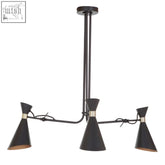 Linox 3 shade black and gold bent arm pendant with black matte shades and brass gold bent arm accents