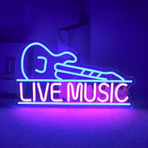 A guitar shaped led neon light with live music in pink letters outlined in blue perfect for bars and parties