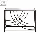 Black metal console table with mirrored top and curved geometric design perfect for stylish entryways logan console table