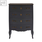 Dark grey chest of drawers with ornate gold handles and curved legs perfect for stylish storage solutions
