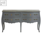Gray painted natural wood Loire 4 drawer double chest with curved legs and ornate brass handles on each drawer