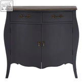 Dark grey sideboard with a dark wood top and ornate brass hardware perfect for stylish storage solutions