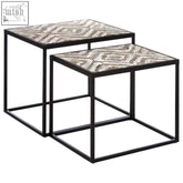 Set of 2 black metal lombok side tables with wood geometric pattern tops perfect for modern living spaces