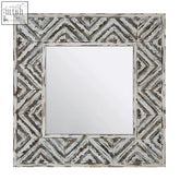 Square lombok wall mirror with distressed white and gray geometric patterned wooden frame for wall decor