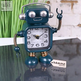Teal lomita desk robot clock with silver eyes and brass joints freestanding for a fun desk robot clock display