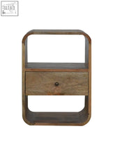 Rustic london bedside table with single drawer and curved edges in oak finish mango wood