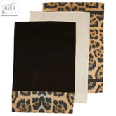 Set of three london leo cotton tea towels with bold leopard print and black cream solid sections
