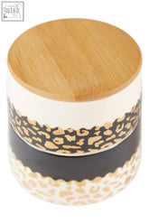 A london leo stacking canister ceramic jar with bamboo lid and bold black gold leopard print on cream sections
