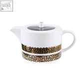 White ceramic london leo teapot with gold and brown leopard print band and clear glass lid