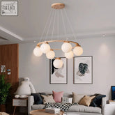 Modern minimalist pendant light lonian light with a circular wooden frame and seven frosted glass globe bulbs