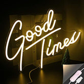 A glowing white led neon sign that reads good times in cursive for wall decor bedroom bar and party use