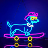 A vibrant neon sign of a dachshund wearing a cowboy hat neon riding a skateboard with colorful led neon lights