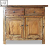 Rustic lorava reclaimed wood sideboard with two drawers and two doors in natural wood grain finish and dark metal knobs