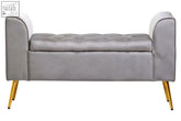 Loretta grey velvet ottoman storage bench with tufted top and gold-tone legs for stylish storage seating
