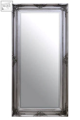 Lori silver wooden frame wall mirror with an ornate silver wooden frame and intricate baroque detailing