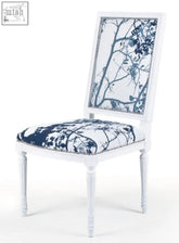 White upholstered louis xvi chair with navy blue botanical print and nailhead trim hand made for stylish dining