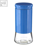 Luca blue stainless steel and glass storage jar with blue plastic lid and clear glass base for glass storage