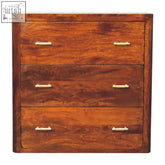 Luca chest of drawers in chestnut linen with three spacious compartments made from solid mango wood and sleek metallic handles