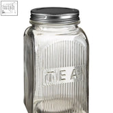 Clear glass jar with embossed tea label and silver lid from luca set of three glass jars with silver lids