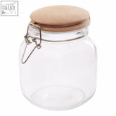 Luca square glass jar with metal clasp and wooden lid in clear glass and light wood finish