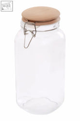 Clear luca square glass jar with wooden lid light brown and silver metal clasp for kitchen storage