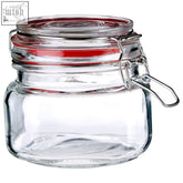 Clear glass luca square 500ml deli jar with red rubber seal and silver metal clasp for airtight storage