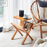 Minimalist lucas side table with solid wood and woven rattan magazine rack solid, black speaker on top