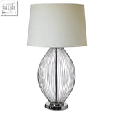 Lucent table lamp with a clear ribbed glass base and off-white shade, sleek alternative to black fabric shade or antique brass table lamp
