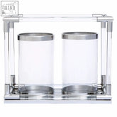 Clear acrylic lucita double silver steel candle holder with two polished chrome rimmed cylindrical containers