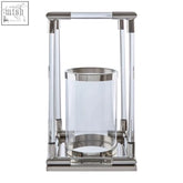 Clear glass lucita large candle holder with sleek silver metal accents and modern acrylic design silver candle holder